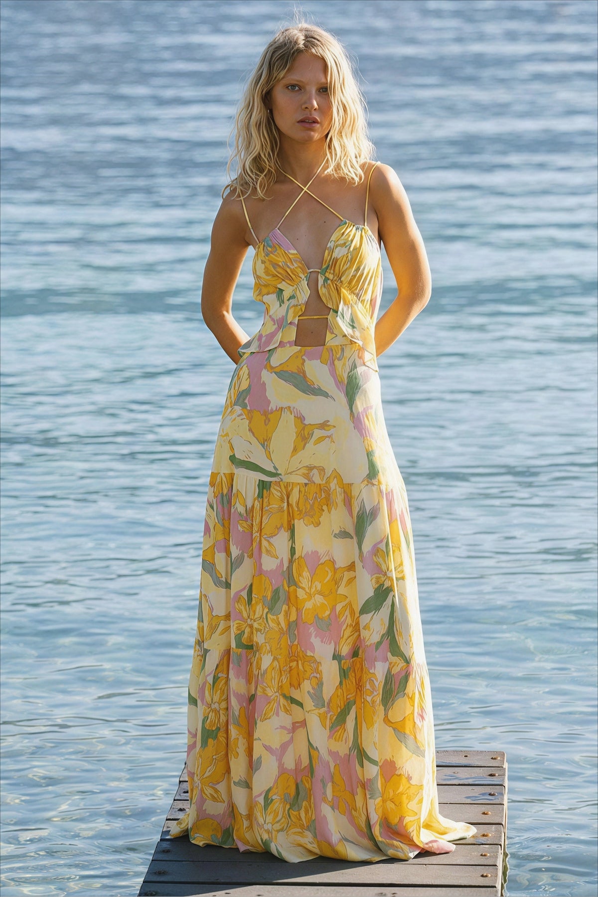 Floral Print Strappy Cut Out Tiered Maxi Dress