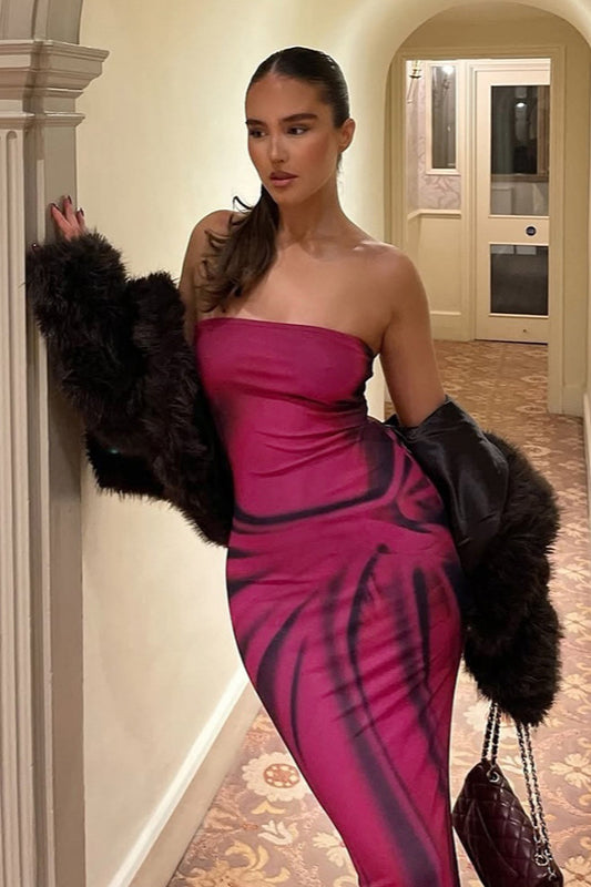 Striped Print Bodycon Strapless Maxi Dress