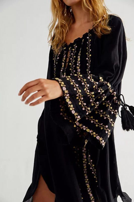 Embroidered V-Neck Puff-Sleeve Tie-Front Mini Dress