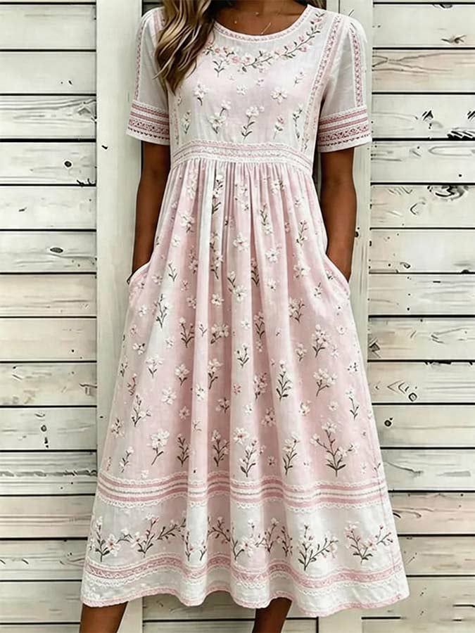 Round Neck Short Sleeve Floral Embroidered Tiered Midi Dress 2