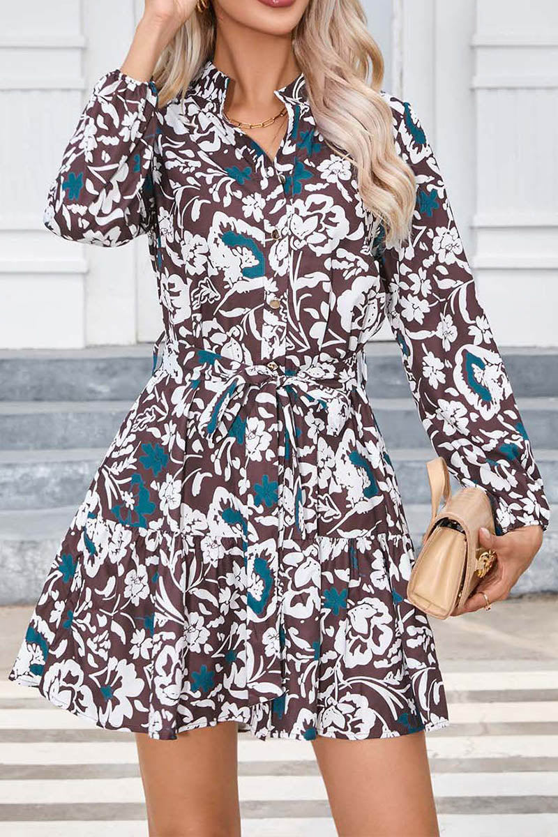 Printed Button Long Sleeve Dress - Fashionpara