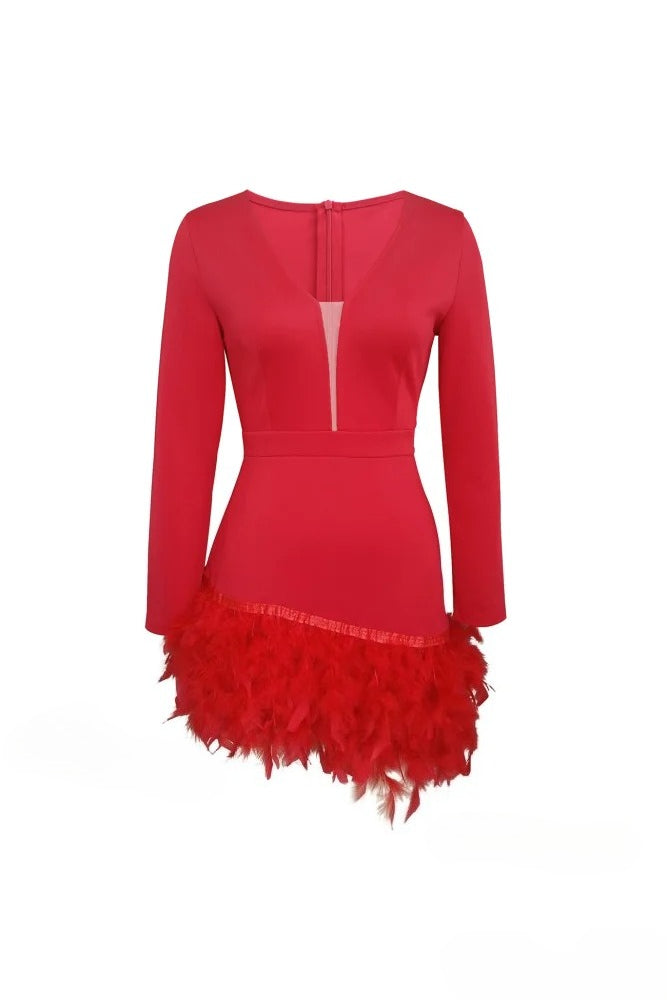 V Neck Feather Pack Mini Dress