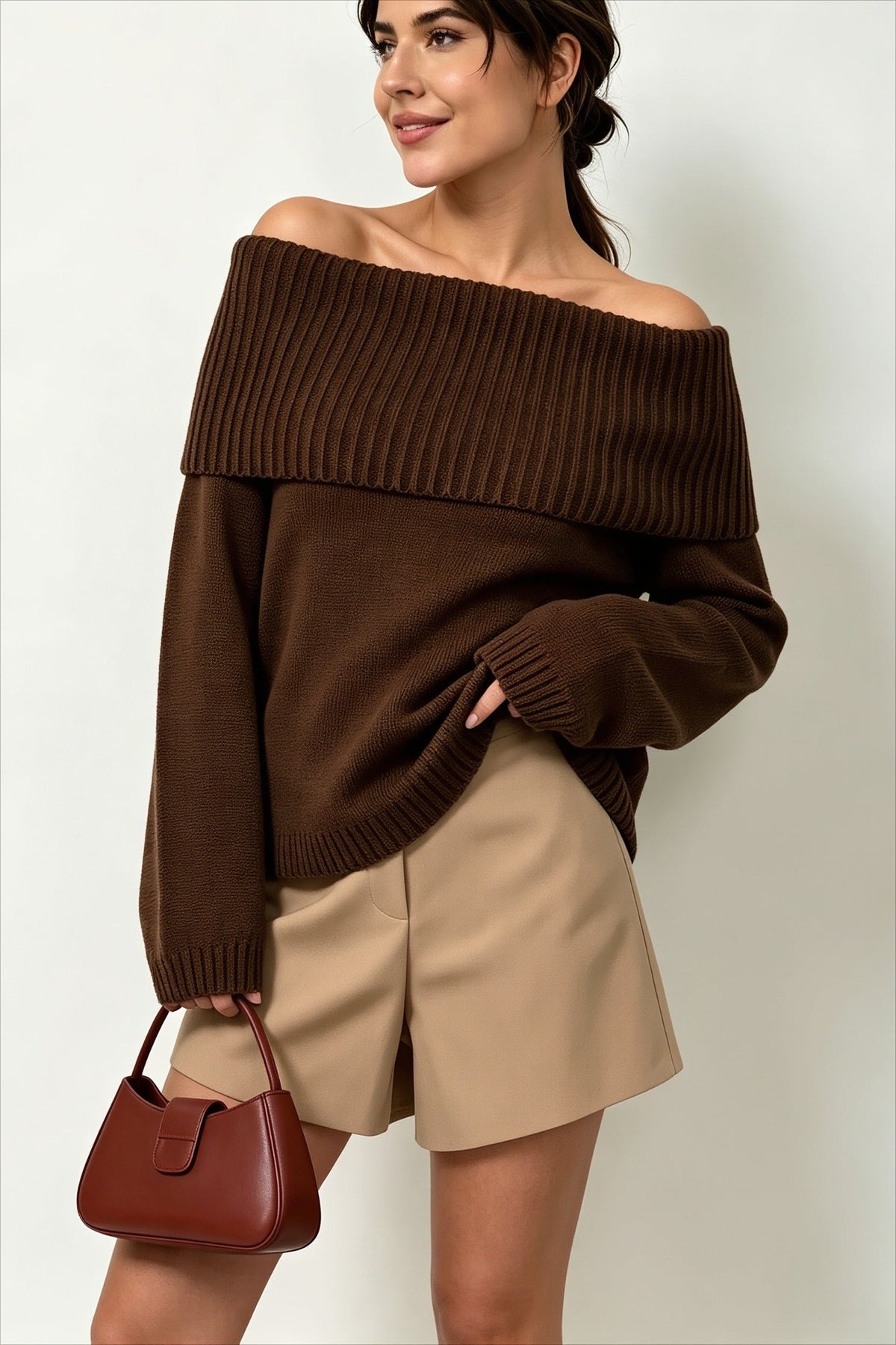 Foldover Off Shoulder Relaxed Pullover Knit Sweater
