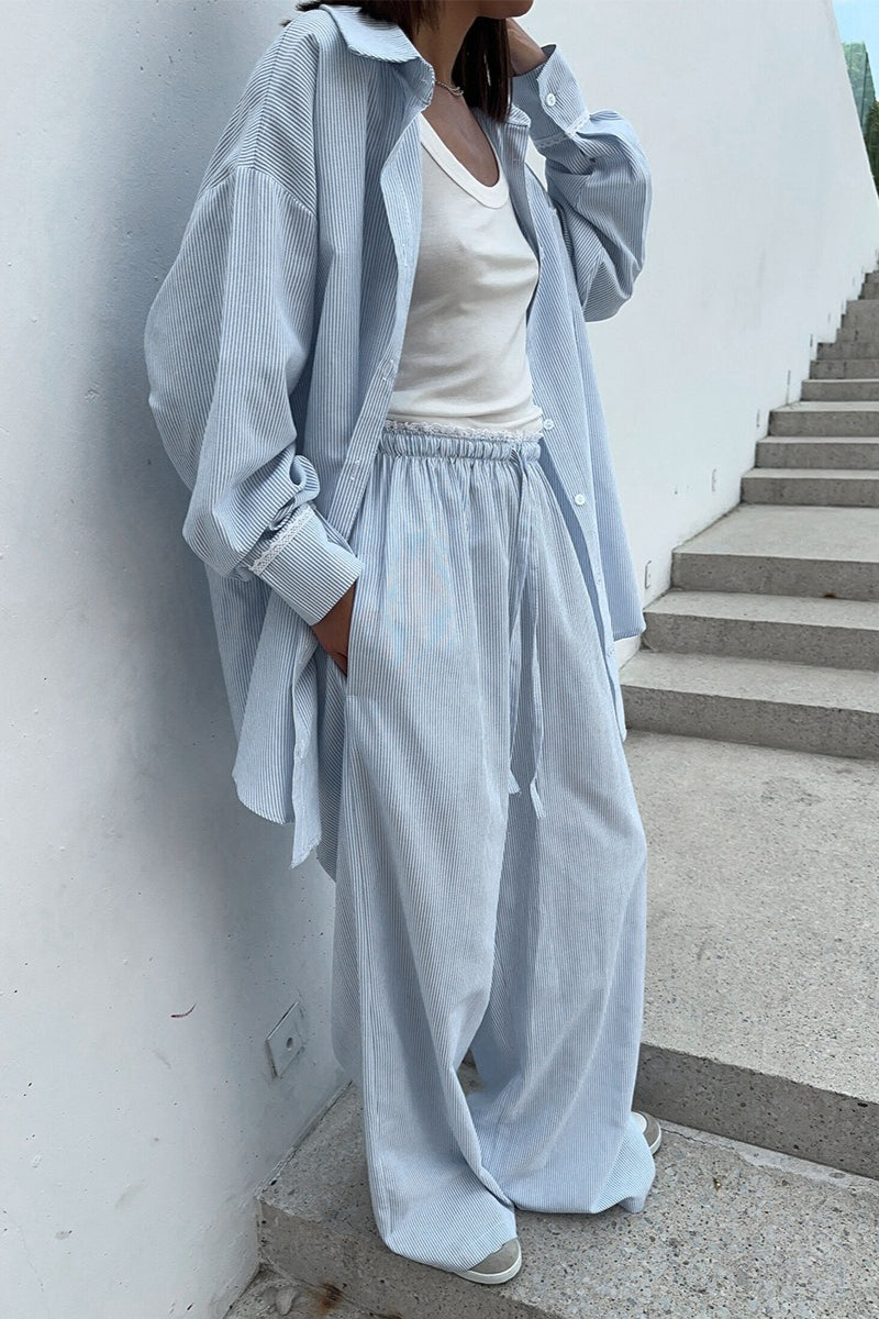Striped Button Shirt Tie Waist Pants Set