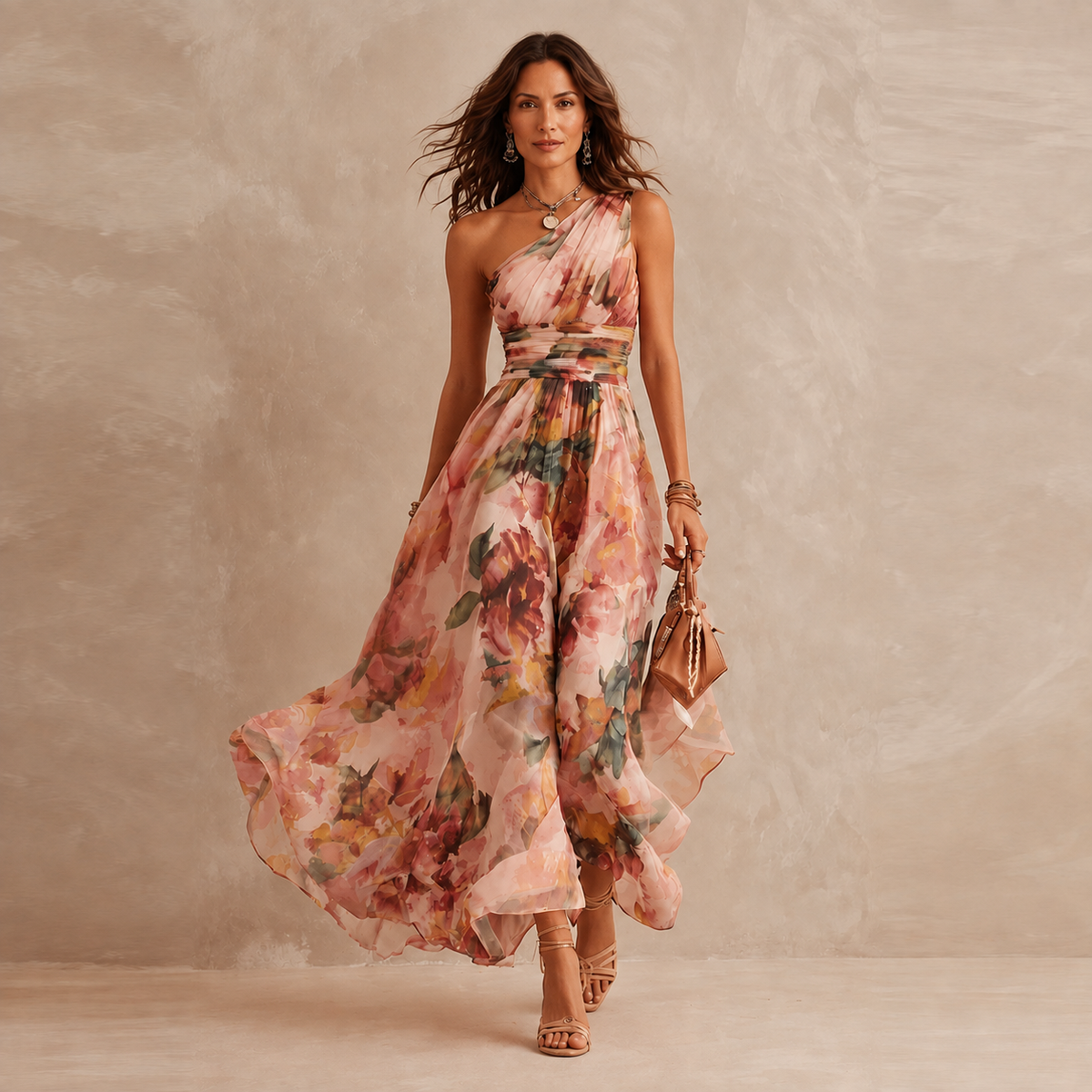Floral One Shoulder Ruched High Low Maxi Dress 5