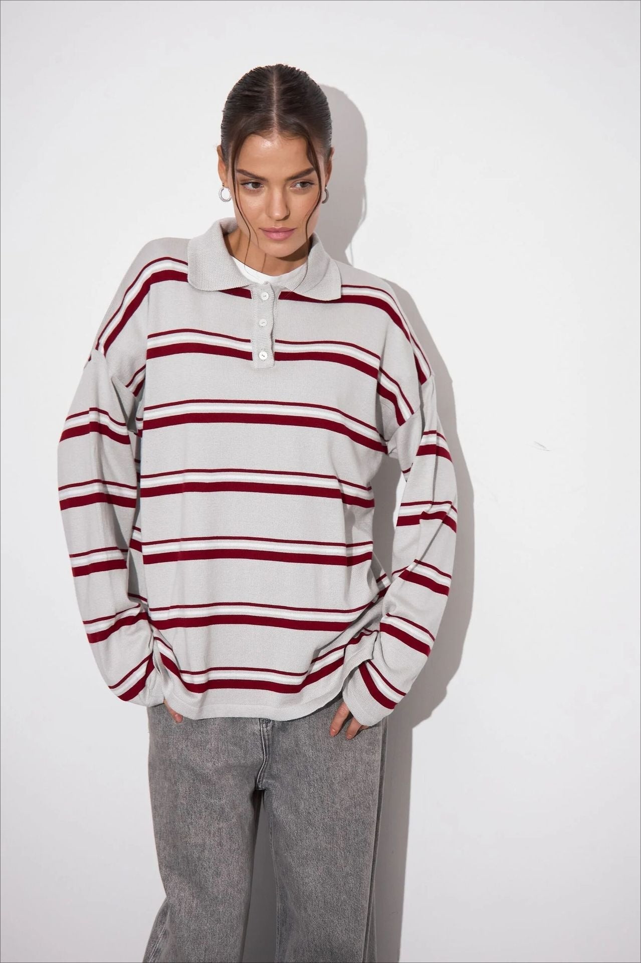 Relaxed Collared Striped Long Sleeve Blouse