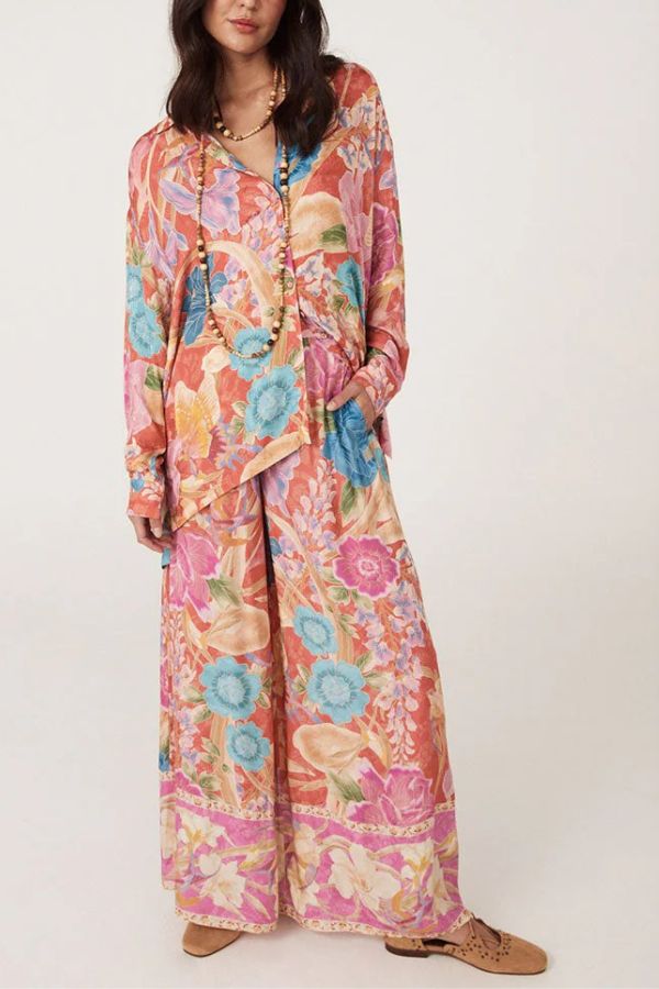 Painter's Garden Boho Floral Print Elastic Waist Pocketed Wide Leg Pants - Fashionpara