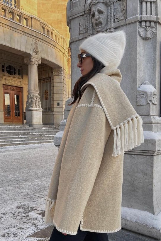 Wool Blend Scarf Fringe Coat - Fashionpara