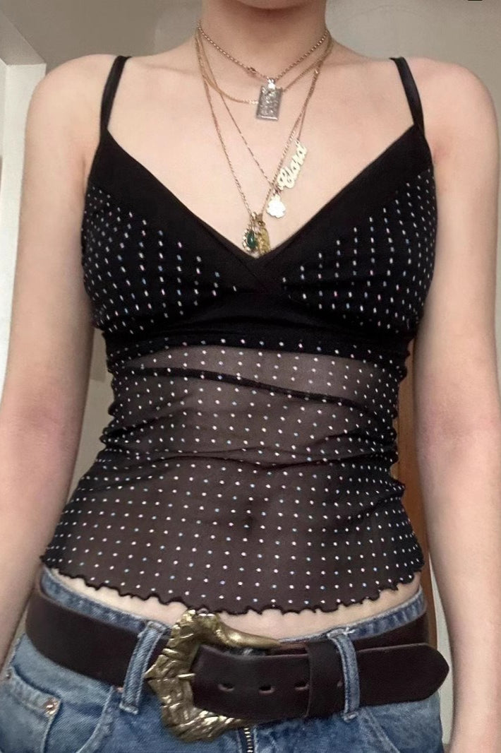 Sheer Polka Dot V-Neck Halter Cami Crop Top - Fashionpara