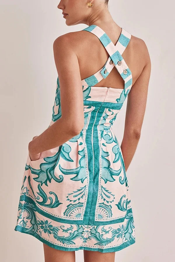 Summer Linen Blend Unique Print Wide Strap Pocket Mini Dress - Fashionpara