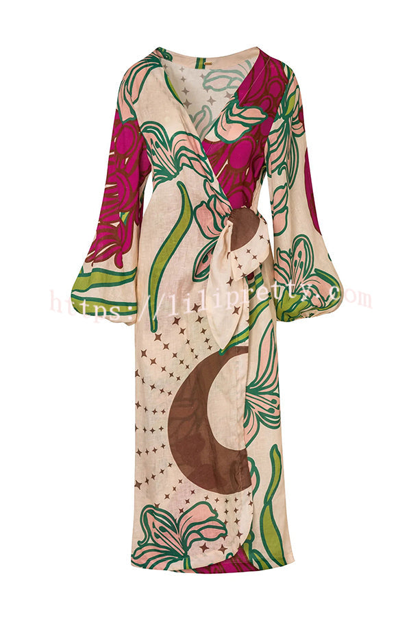 Tracey Linen Blend Unique Print Balloon Sleeve Tie-up Tunic Maxi Dress - Fashionpara