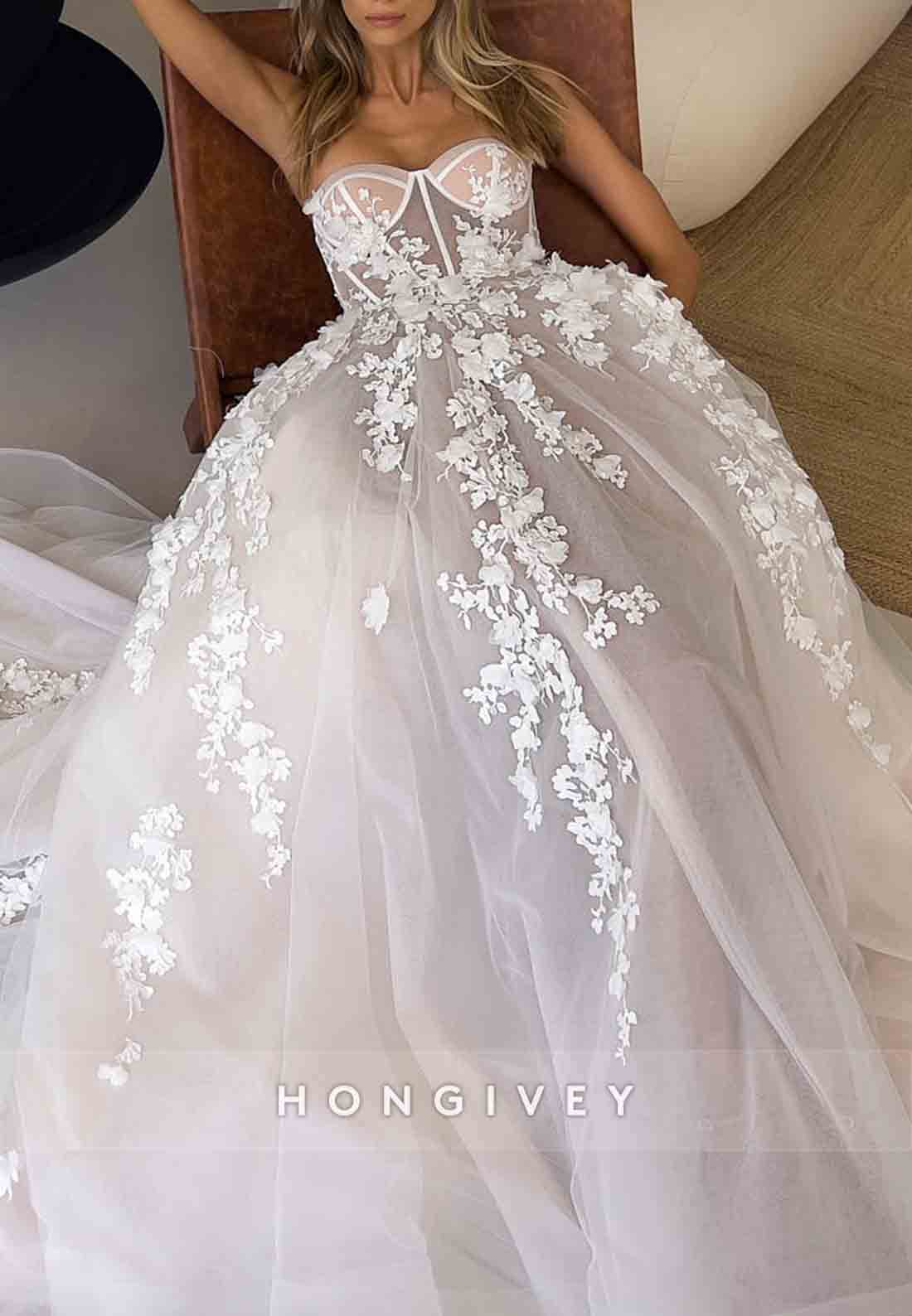 3D Floral Sweetheart A-Line Wedding Dress Court Train Sheer Corset Tulle Train