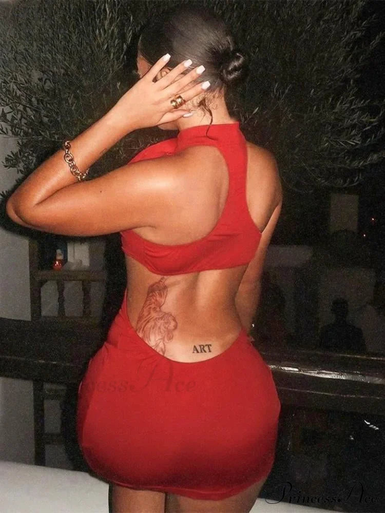 3D Flower Decoration Red Vacation Dresses Sexy Hollow Backless Bodycon Christmas Party Dress - Fashionpara