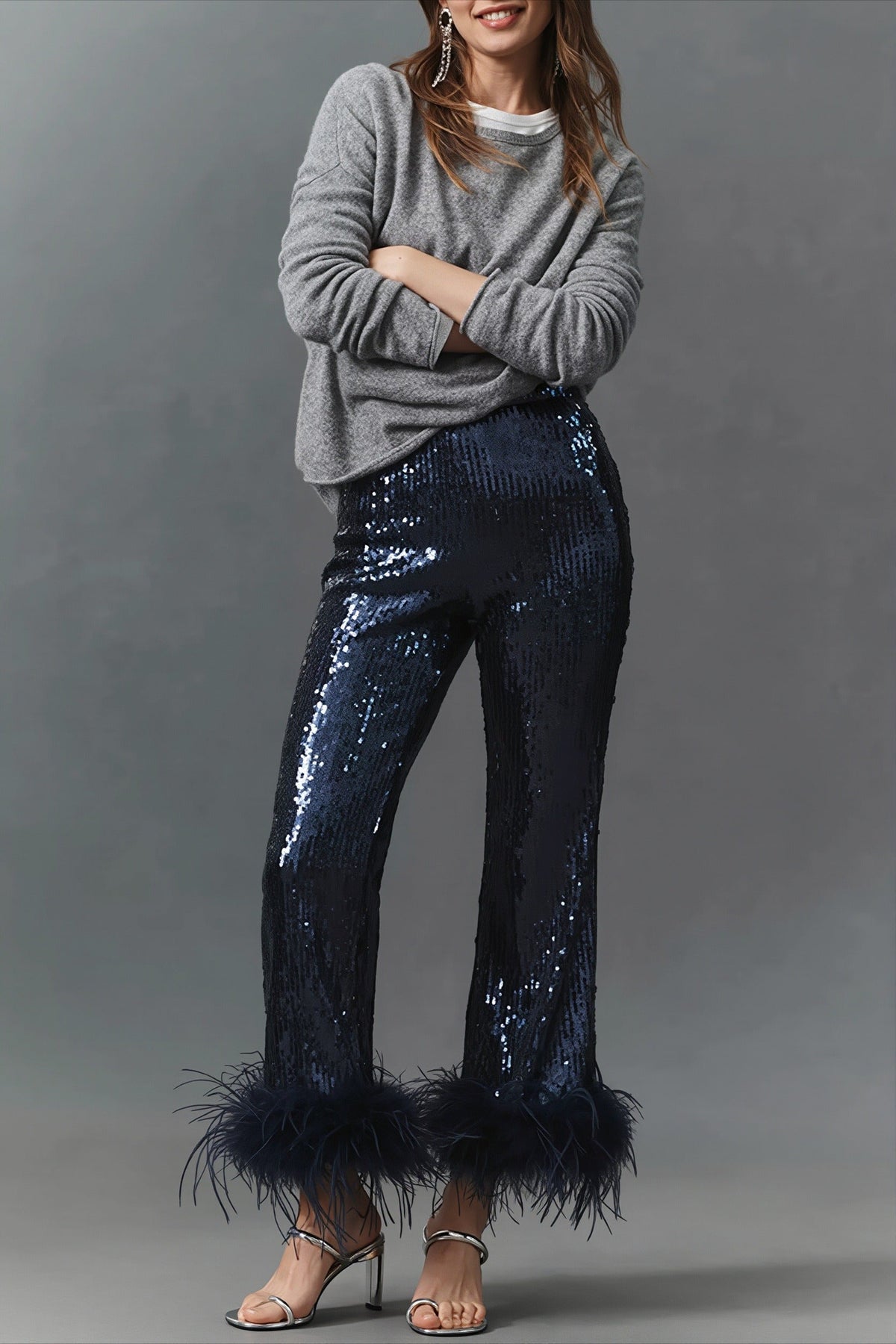 Sequin Feather Trim Flare Leg Pants