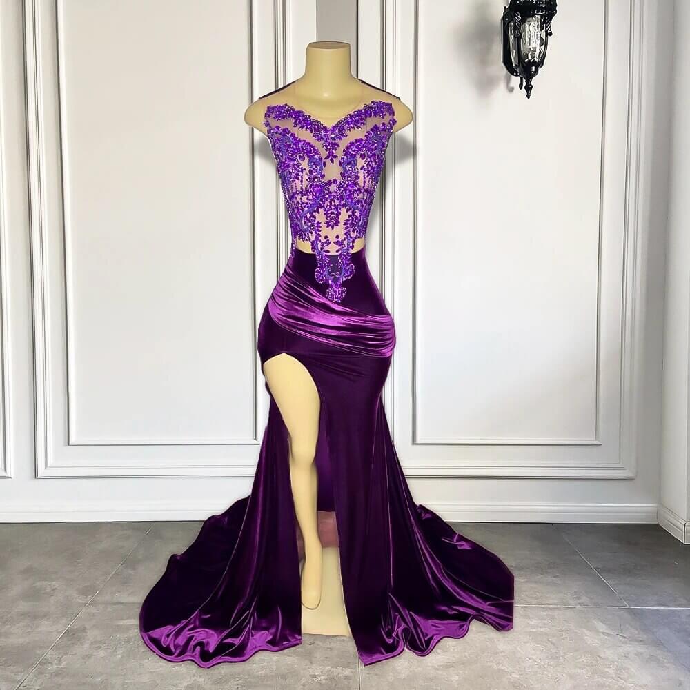Designer Purple Sleeveless Long Mermaid Prom Dresses with Split Appliques - Fashionpara