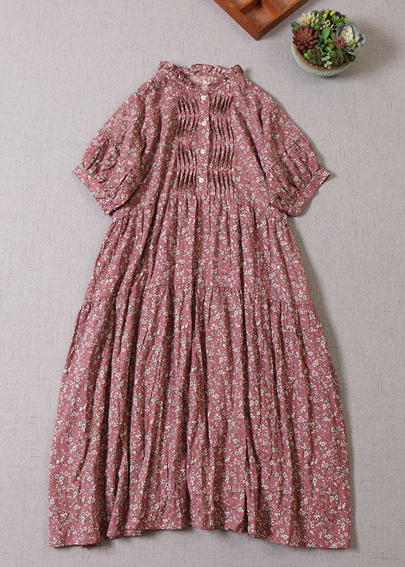 Floral Print Ruffle Neck Puff Sleeve Tiered Button Front Midi Dress