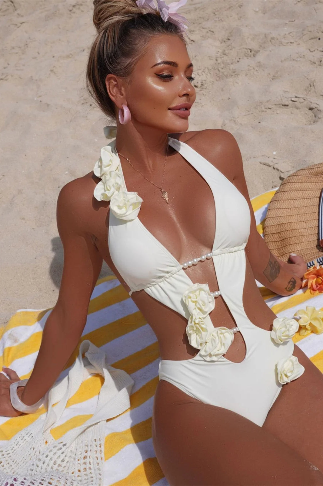 Pearl Detail One-Piece Bikini Set