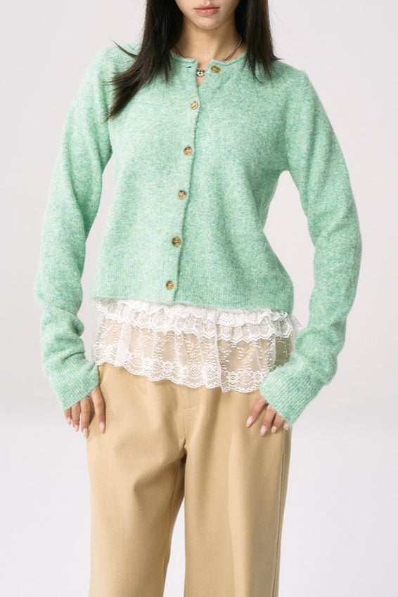 Green Knit Cuffed Solid Cardigan 2