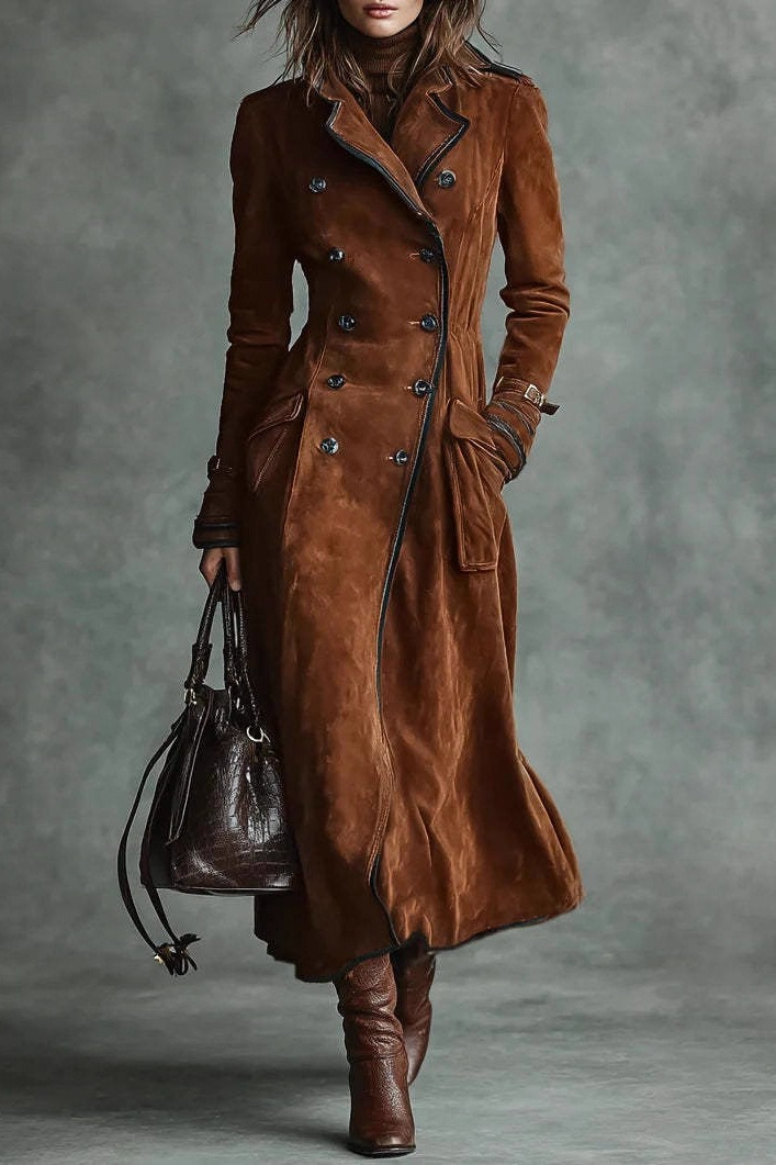 Suede Lapel Western Long Stylish Overcoat - Fashionpara