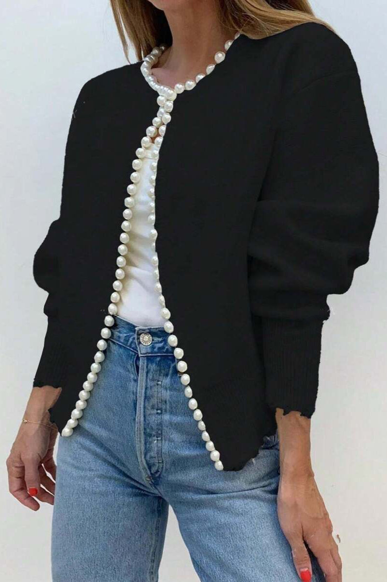 Pearl-Trimmed Heavy-Detail Knit Cardigan for Chic Elegance