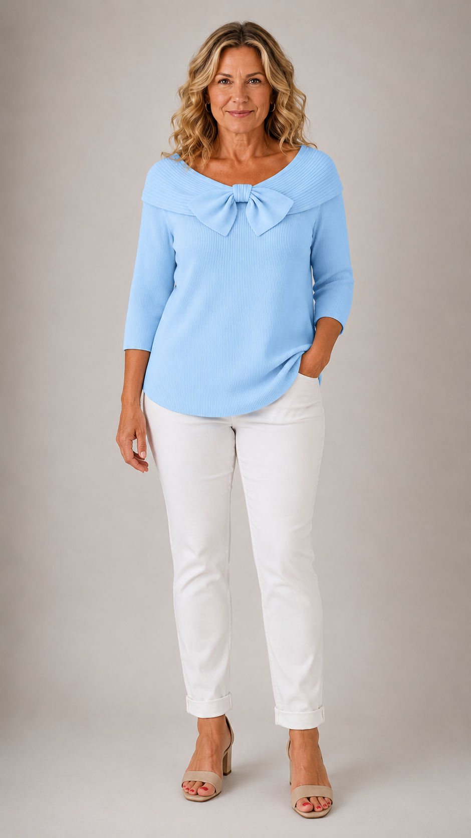 Bow Front Off Shoulder 3/4 Sleeve Ribbed Knit Jumper