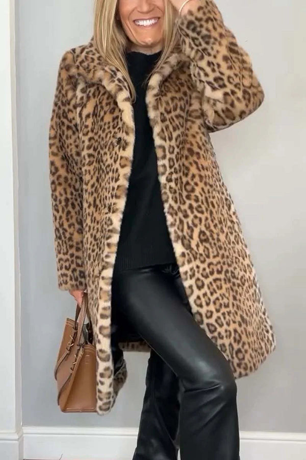 Lapel Leopard Print Plush Coat for Elegant Mid-Length Style