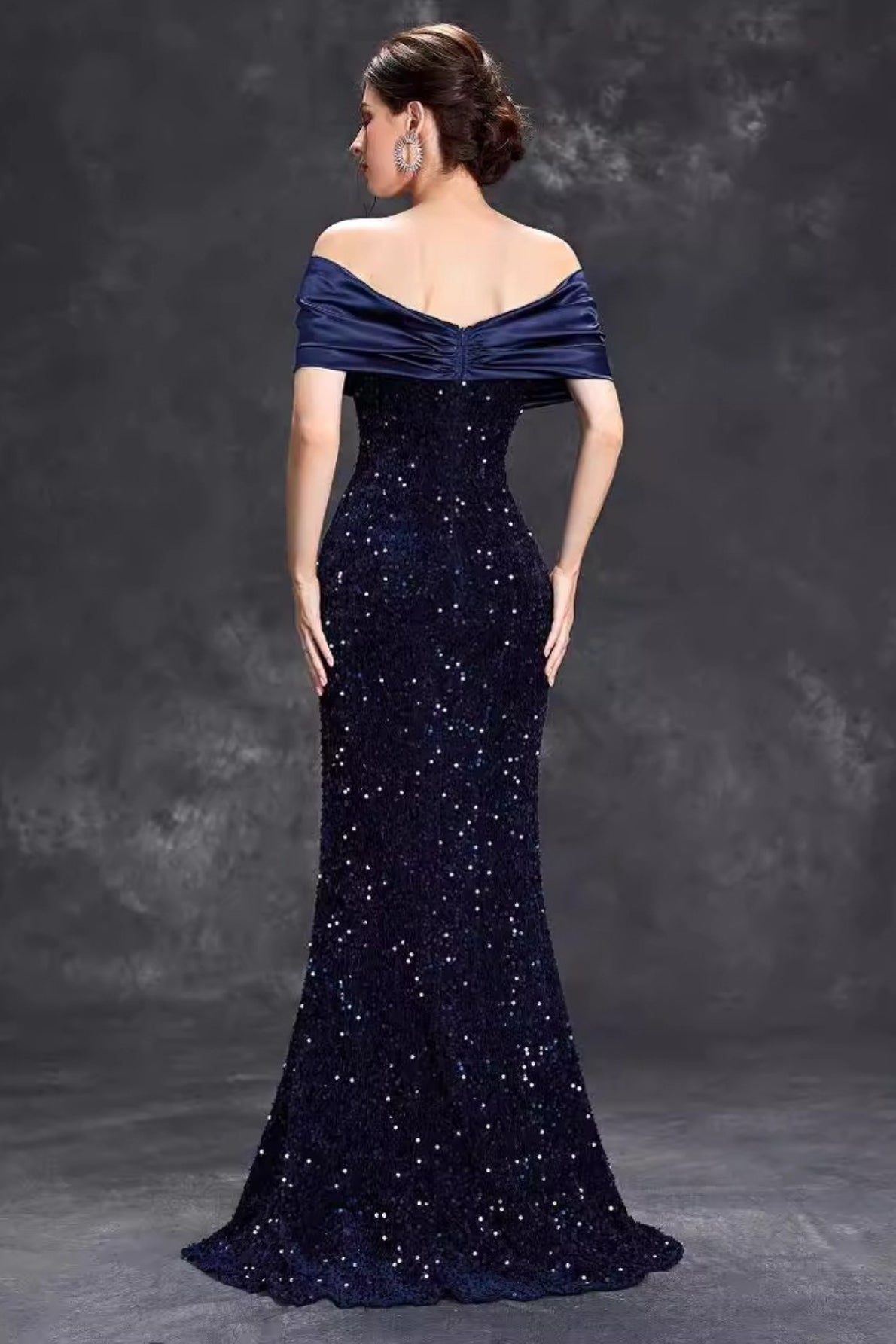 Off-Shoulder Satin-Drape Sequin Mermaid Gown