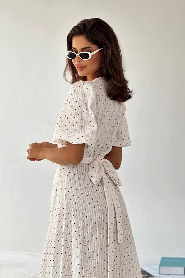 Cotton Heart Print V-Neck Wrap Maxi Dress