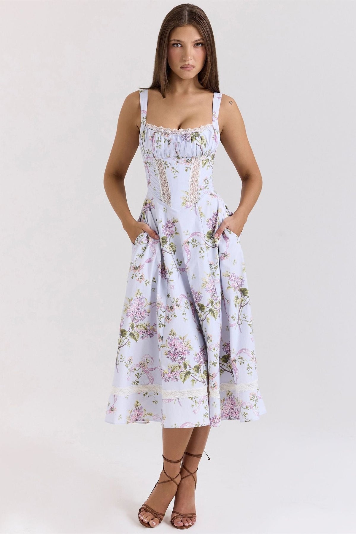 Cotton Square Neck Lace Panel Corset Midi Dress