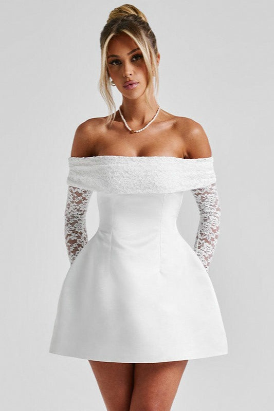 Satin Lace Off Shoulder Long Sleeve Fit and Flare Mini Dress