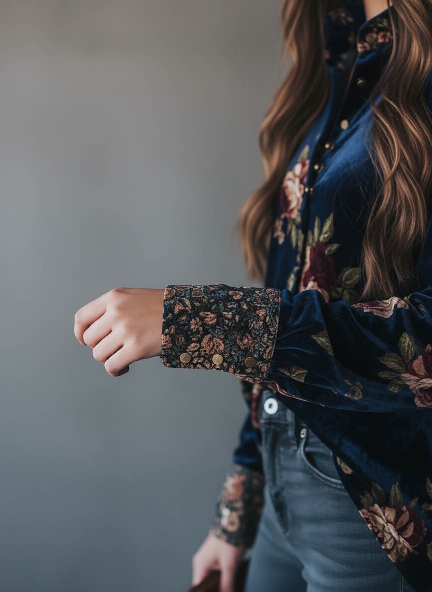 Retro Gold Velvet Floral Print Button-Up Blouse - Fashionpara