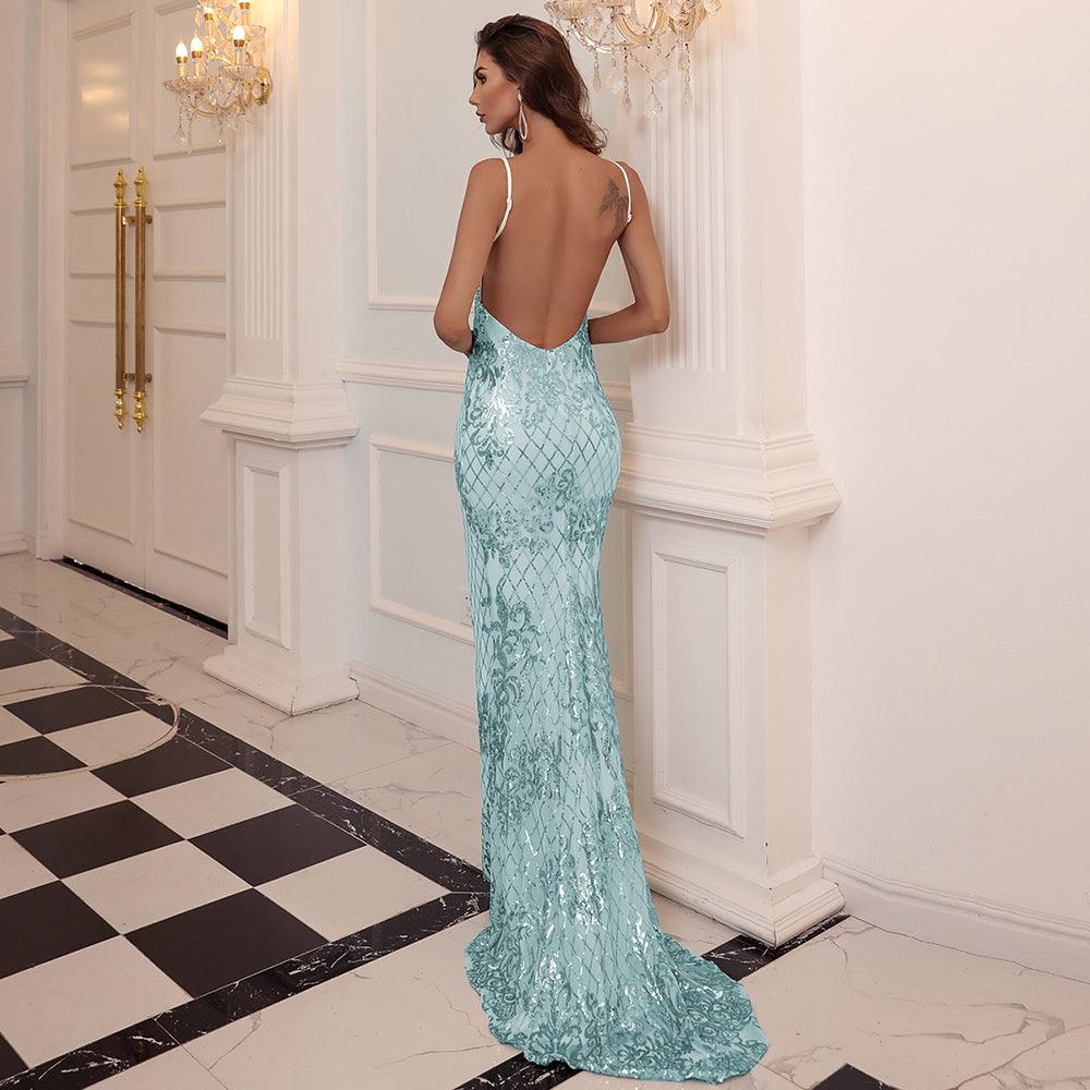 Baby Blue Backless Sequins Dress - Fashionpara