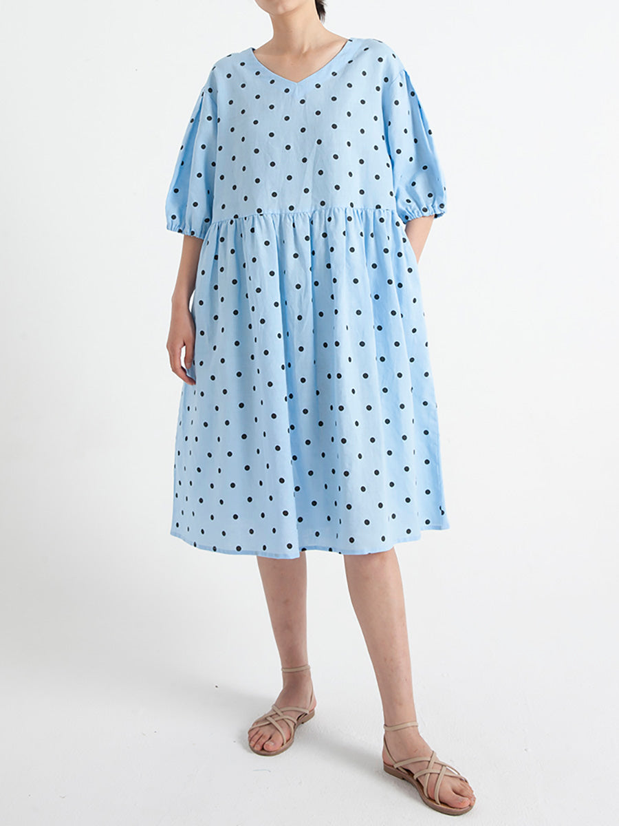 Polka Dot V-Neck Puff Sleeve Empire Waist Midi Dress