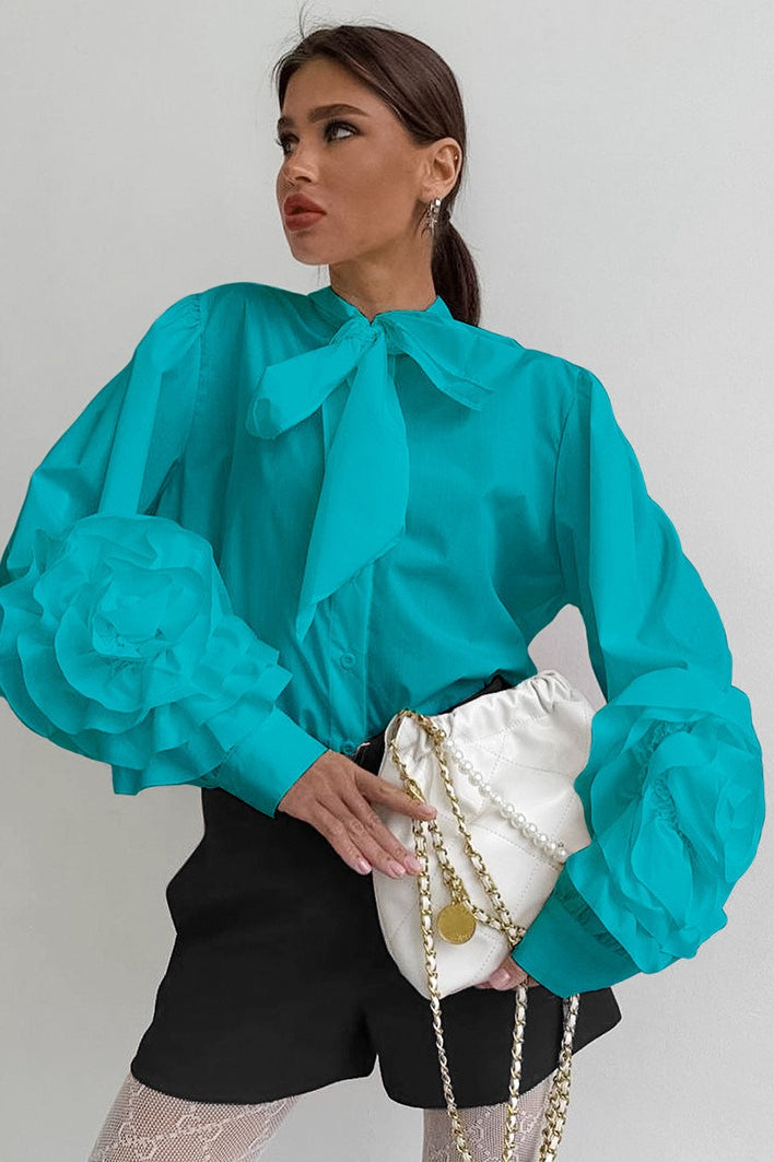 Lantern Sleeve Floral Tie Blouse