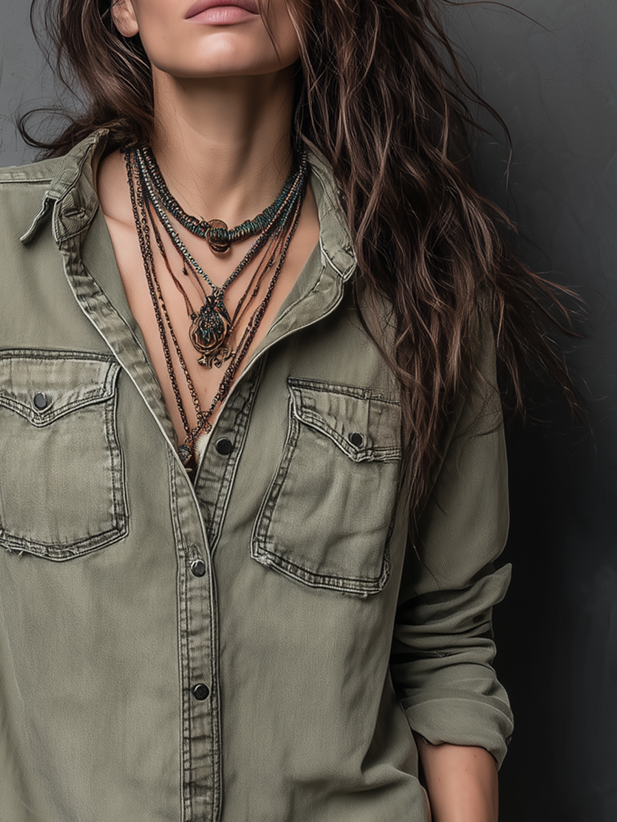 Vintage Pockets Long Sleeve Washed Blouse - Fashionpara