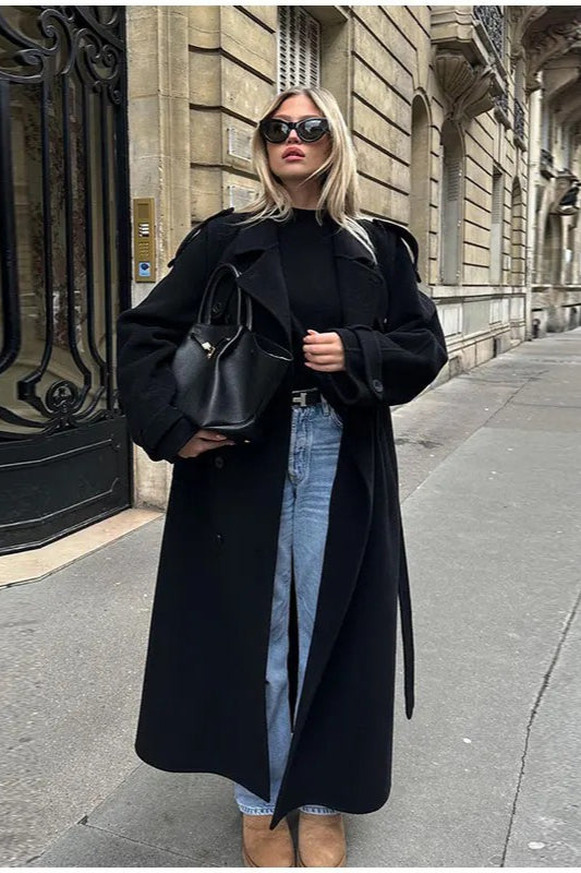 Elegant Double-Breasted Long Overcoat with Turn-Down Collar