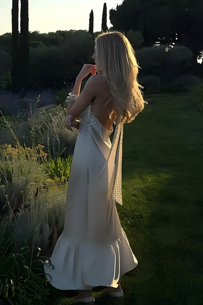 Polka Dot Backless Satin Maxi Dress - Fashionpara