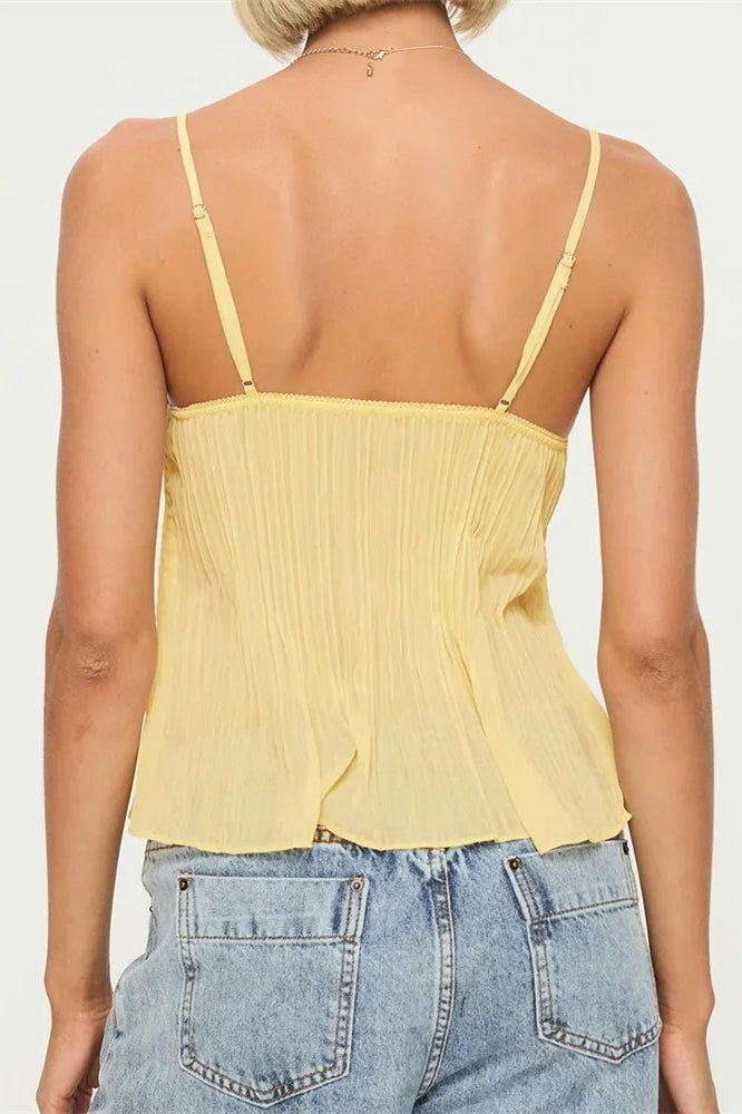 Pleated Bowknot Lace See-through Crop Top