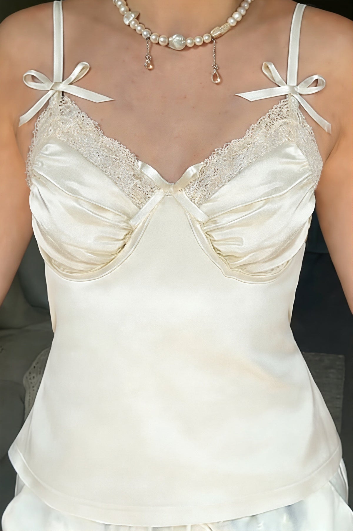Sweet Satin Bow Ruched Cami Top