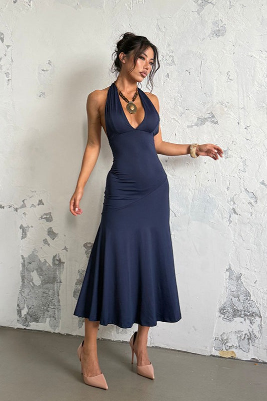 Halter Neck Plunge Ruched Mermaid Maxi Dress