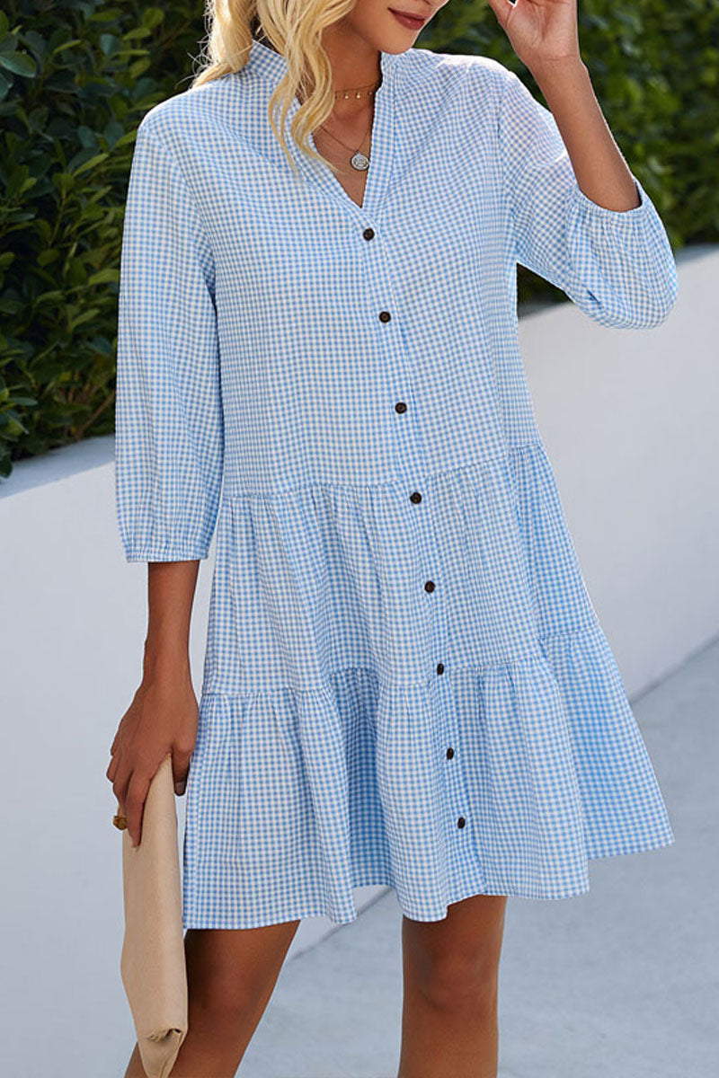 Plaid Print Button Up Split Neck Tunic Dress
