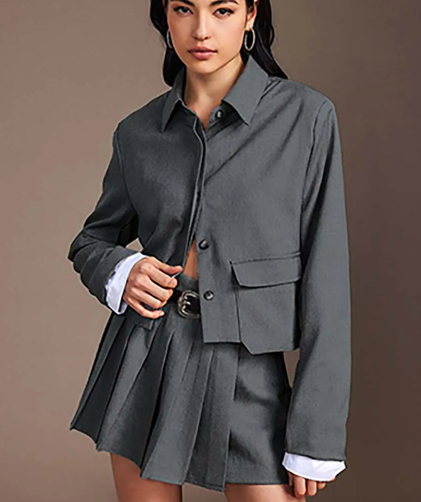 Grey Patchwork Pleated Mini Office Two Piece Set