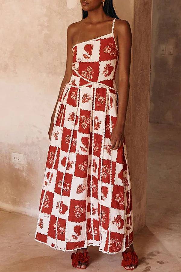 Kyoho Linen Blend Ric Rac Trims Unique Print One Shoulder Flared Maxi Dress - Fashionpara