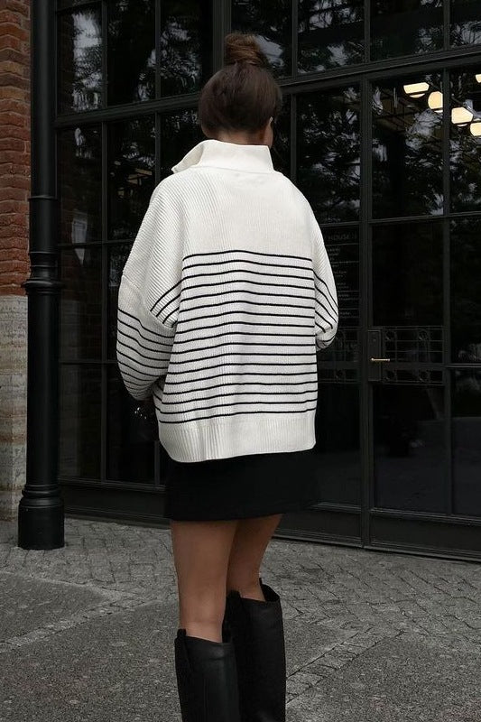 PrincessAce Striped Zip-Front Polo Knit Sweater for Style