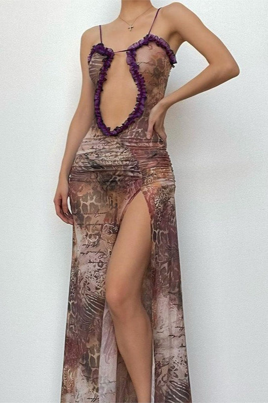 Sleeveless Lace Cutout Ruched Mesh Split Maxi Dress