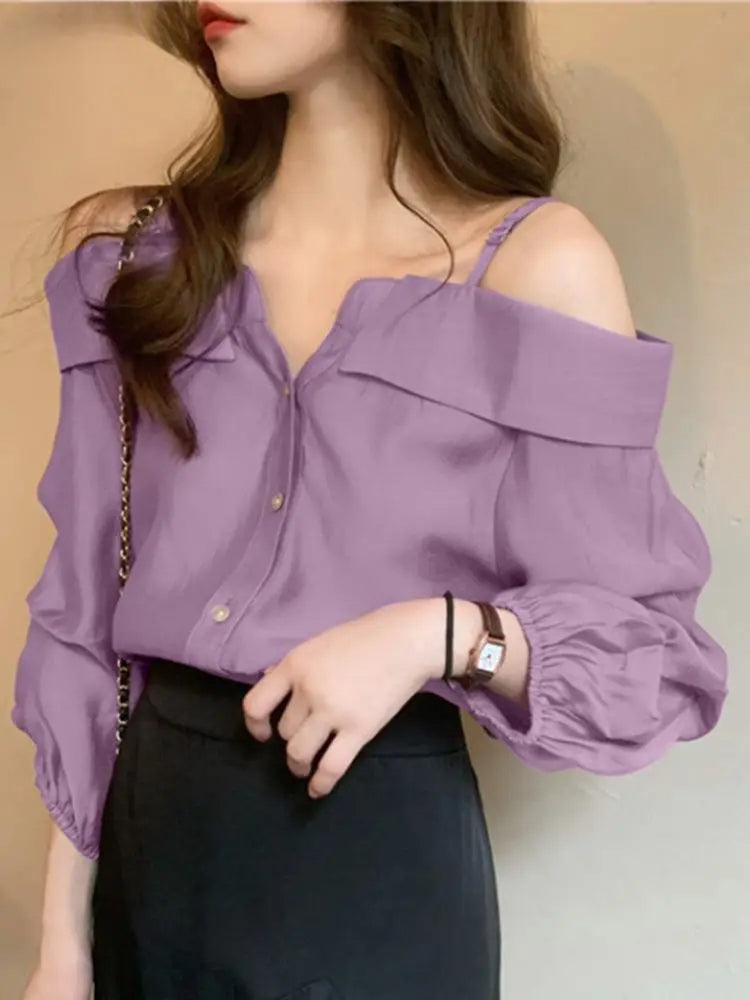 Sexy Off Shoulder Pleated Solid Blouse