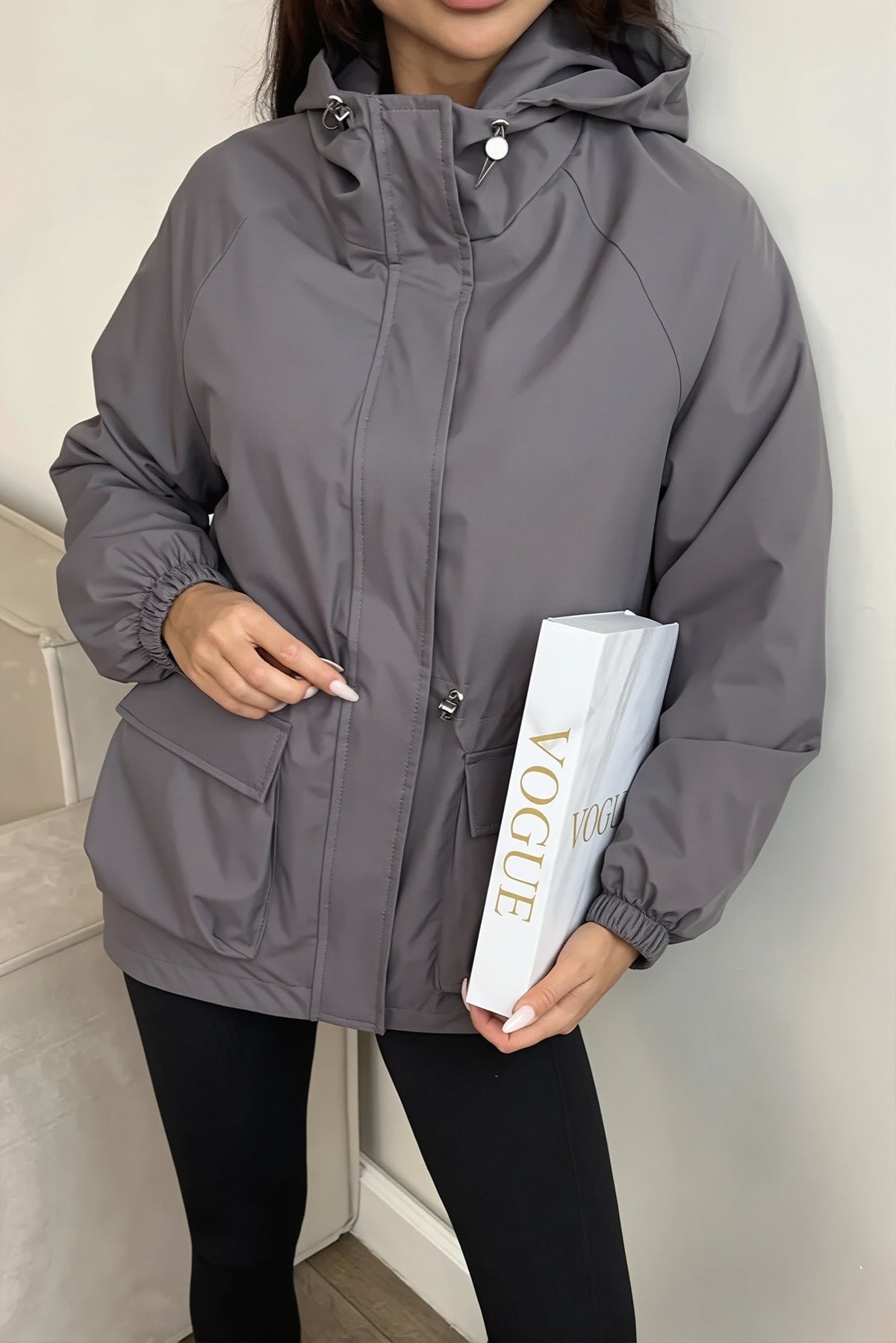 Hooded Drawstring Waist Utility Jacket