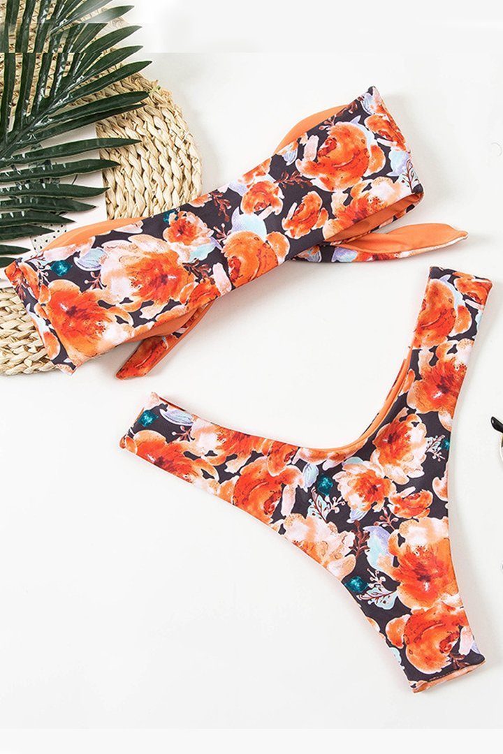 Bandeau Floral Print Knot Orange Bikini Set - Fashionpara