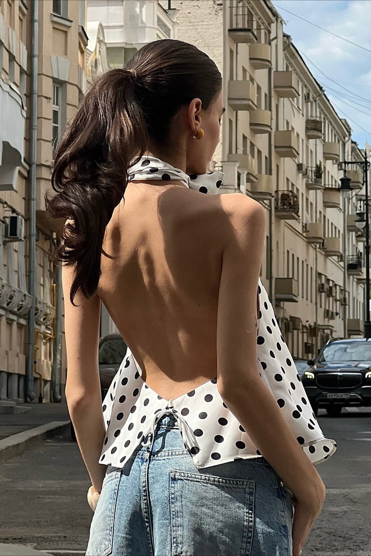 Polka Dot Satin Bow Tie Backless Cami Crop Top - Fashionpara