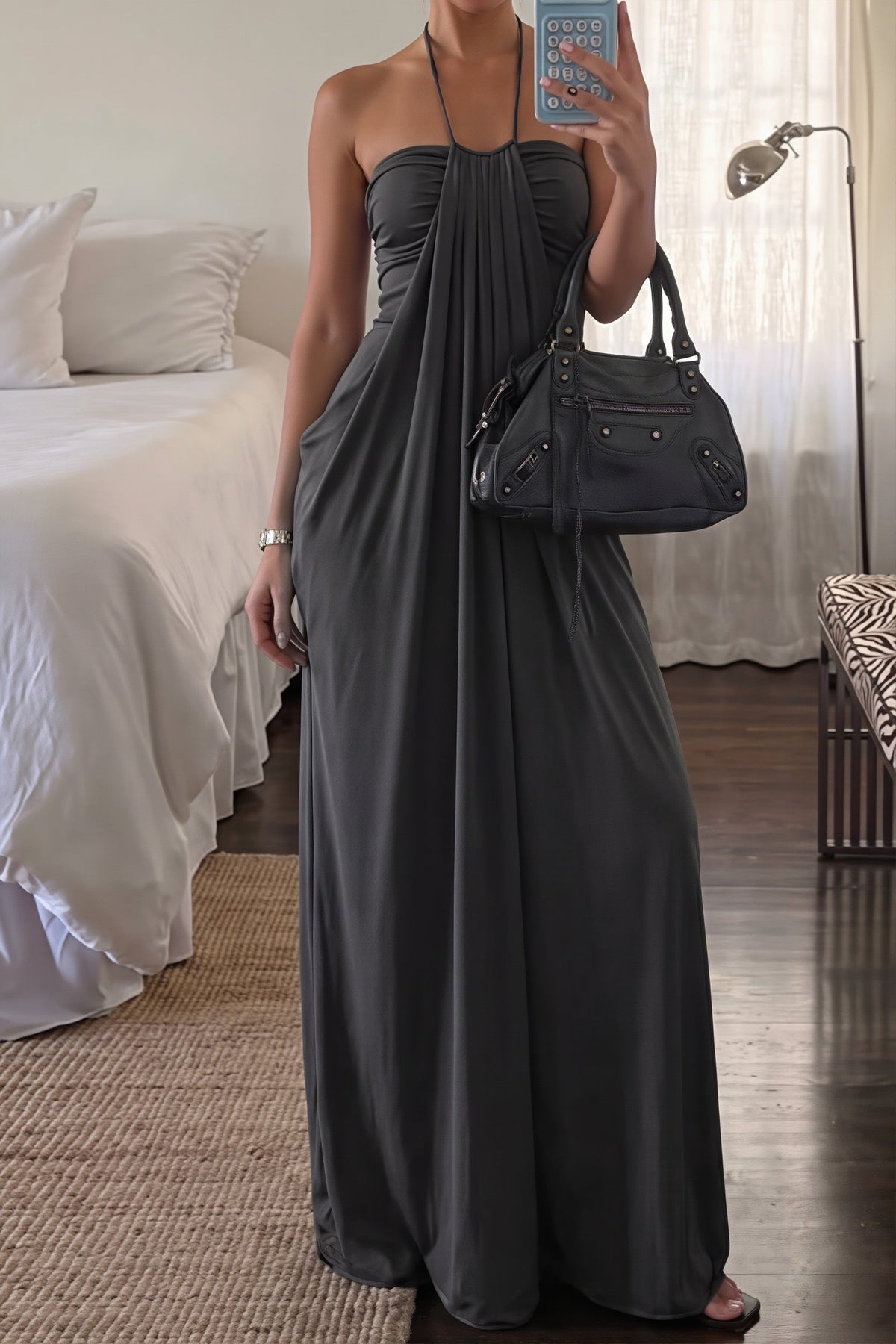Draped Halter Neck Ruched Column Maxi Formal Gown